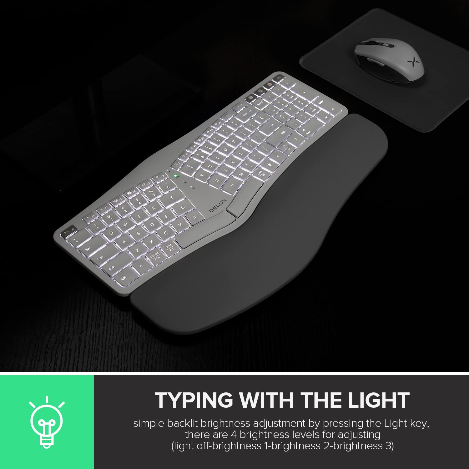 DELUX Wireless Ergonomic Keyboard Mouse Combo, Split Ergo Keyboard with Backlit GM902Pro and Vertical Mouse M618mini-White