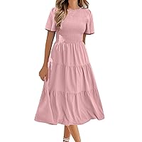 Summer Dresses for Women 2023 Casual Flutter Short Sleeve V Neck Smocked Elastic Waist Tiered Midi Dress