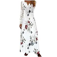 Floral Dress for Women Hollow Out Crochet Lace Long Sleeve V Neck Button Down Shirt Dress Casual Pleated Maxi Dresses