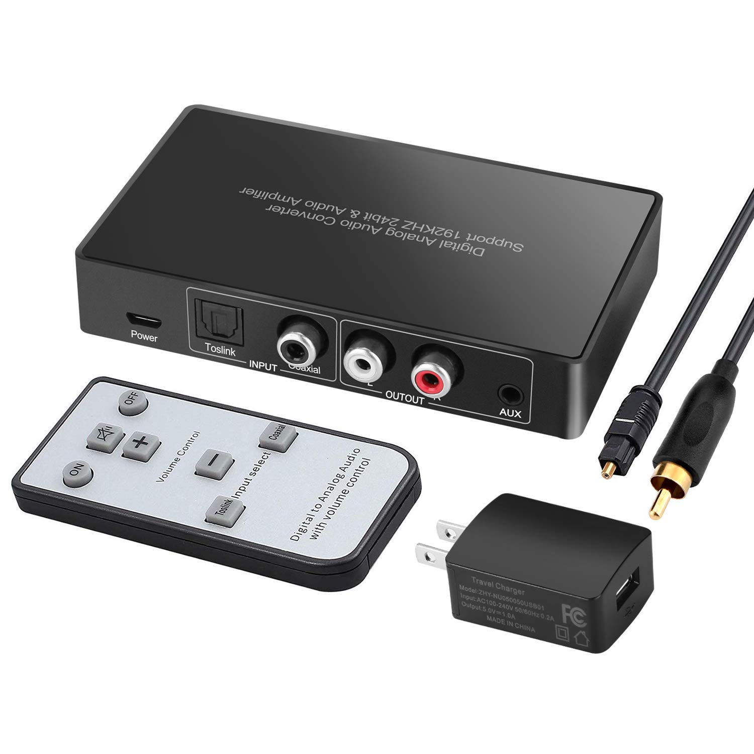 Digital to Analog Audio Converter with Remote, 192KHz/24bit Digital Coaxial Toslink to Analog L/R RCA 3.5mm Audio with Both Toslink Cable and Coaxial Cable