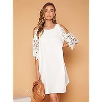 Dresses for Women 2022 Guipure Lace Sleeve Cold Shoulder Dress (Color : White, Size : X-Small)