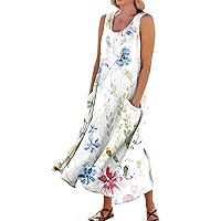 Dresses for Women Sleeveless Crew Neck Bubble Hem Maxi Patterned Fashion Lounges Linen Stretch Womens Dress with Pockets