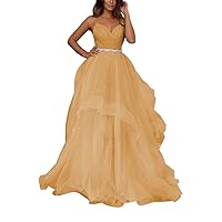V Neck Tulle Prom Dresses Long Spaghetti Straps Ball Gown Tiered Glitter Formal Evening Dress Gold Size 18