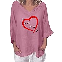 Love Heart Cotton Linen Tunic Tops Cute Dog Paw Print Tee Shirts Summer Casual Loose 3/4 Sleeve Oversized Blouses