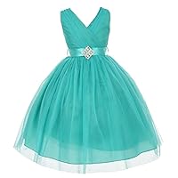 AkiDress V-Neck T-Length Dress with Rhinestone Broach for Little Girls