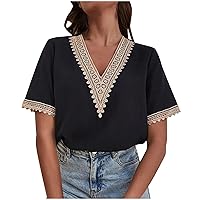 Women's Casual Short Sleeve Lace Trim V Neck Blouses 2024 Summer Tops Cute Loose Tees Ladies Stylish Dressy Shirts