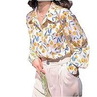 Women Spring Printing Turn-Down Collar Long Sleeve Shirts Femme Buttons Blouse