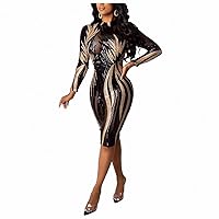 Black and Gold Sequin Dress Mesh Bodycon Midi Sexy Club Outfits Long Sleeve See Through Tight Dresses Woman Party Night
