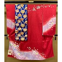Shichi-Go-San 7 Years Old Girl Pure Silk Kimono Belt Embroidered Half Collar Set of 3