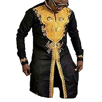 Men's African Shirt Long Sleeve Dashiki Long Tunic Men Ethnic Tribal Button Tops Black Ankara Clothing