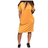 Women's Casual Dress Crewneck Solid Short Sleeve Shirt Dress Knee Length Midi Dress with Pocket