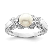 925 Sterling Silver Polished Rhodium 6mm Freshwater Cultured Cult Button Pearl and Diamond Ring Jewelry for Women - Ring Size Options: 6 7 8