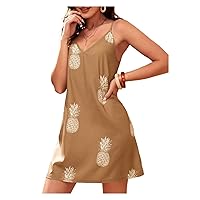 TINMIIR Summer dresses for Women 2022 Double -neck Pineapple Print Short Sleeveless Cami Dress (Color : Camel, Size : X-Large)