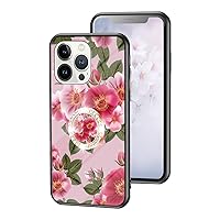 for iPhone 14 13 12 11 8 7 X XS XR Plus Pro Max Glossy Slim Bumper, Exquisite Flowers Tempered Glass Phone case with Bling Rhinestones Finger Ring Holder for Women Girls(Red,12 Pro max)