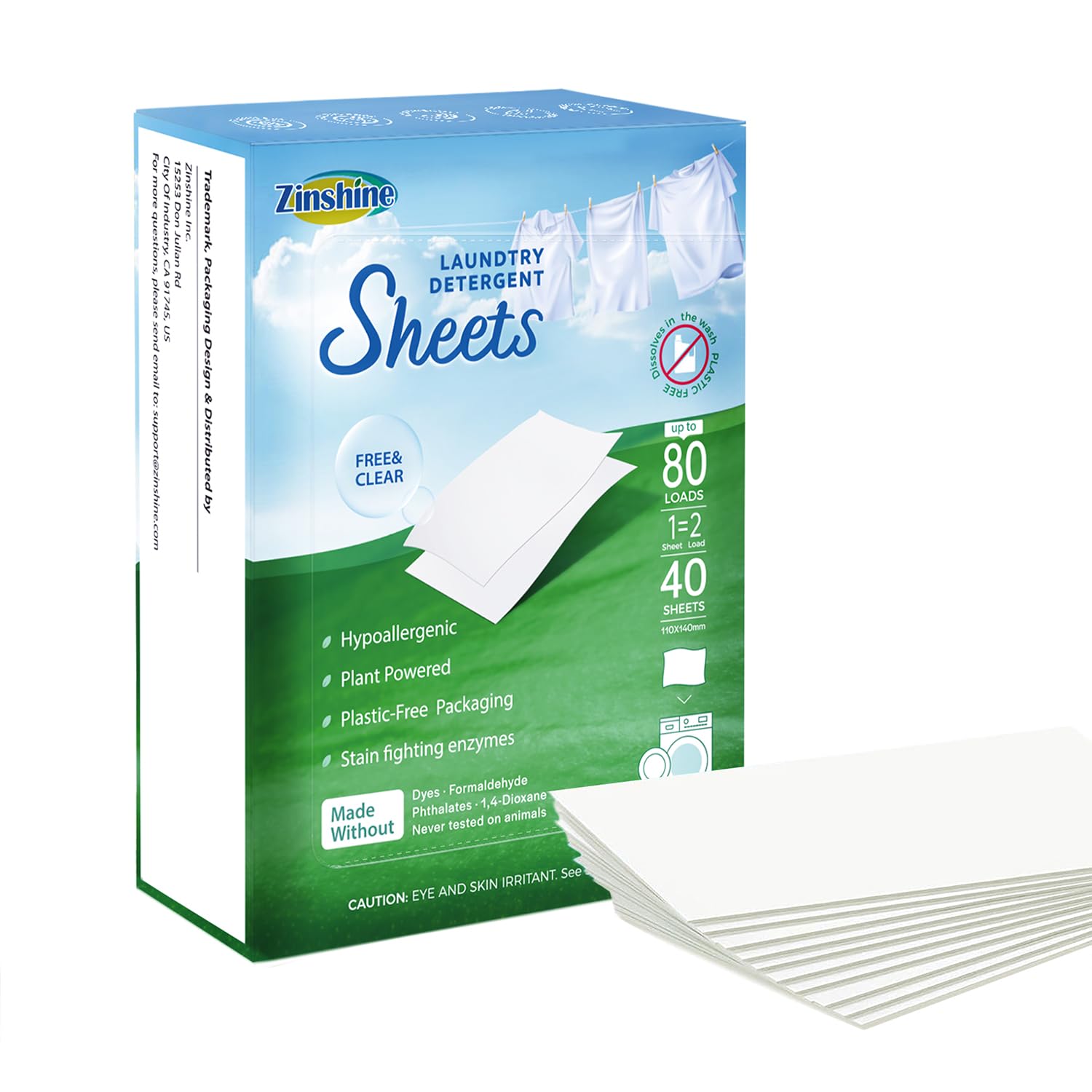Laundry Detergent Sheets, Zinshine Laundry Soap Sheet, Eco Friendly Hypoallergenic Washer Detergent Sheets, Free & Clear Scent, Great for Hotels, Dorm, Travel, Camping, Laundry Room, up to 80 loads