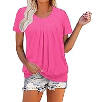Scooped Neck Tunic Tops T Shirts for Women Short Sleeve Dressy Casual Pleated Blouses Solid Color Summer Outfits
