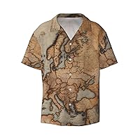 Vintage Map Men's Summer Short-Sleeved Shirts, Casual Shirts, Loose Fit with Pockets
