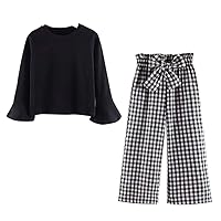 Girls Mandarin Sleeve Shirt Top + Checkered Loose Pants
