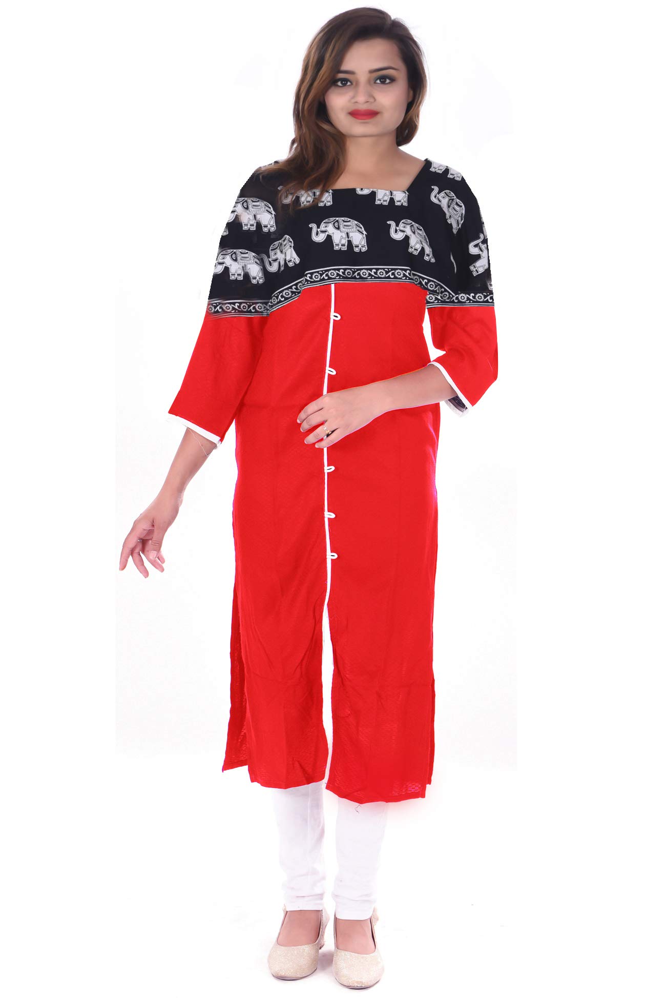 lakkar haveli Indian 100% Cotton Red Color Dress Women Fashion Long Elephant Print Plus Size