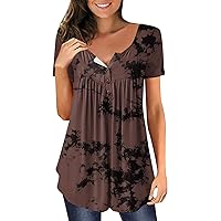 Women Summer Tops Casual Trendy Tunic V Neck Button Down Tops Floral Printed T-Shirts Short Sleeve Tunic Blouse