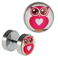 Fake Piercing Plug Stainless Steel owl Big Eyes Pink Pink Heart 000g=10mm