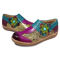 CrazycatZ Womens Leather Loafers Oxford Shoes,Vintage Floral Printing Splicing Pattern Vintage Shoes
