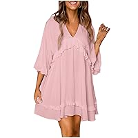 Women 3/4 Sleeve Tunic Dress Loose Fit V Neck Sundress Ruffle Trim Flowy Sundress Solid Summer Beach Mini Swing Sun Dresses