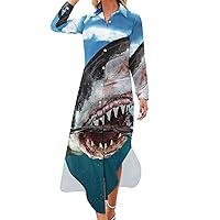 Ferocious Shark Women's Shirt Dress Long Sleeve Button Down Long Maxi Dress Casual Blouse Dresses