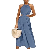MIHOLL Women's 2024 Summer Maxi Dresses Casual Sleeveless Halter Neck Cut Out Tiered Beach Vacation A-Line Flowy Sun Dress