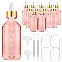 Pink Dropper Bottles, 4oz Pink Glass Eye Dropper Bottle for Essential Oils with Labels and Funnels, 12 Pack Tincture Bottles with Golden Top (Plastic Dropper with Measurements)