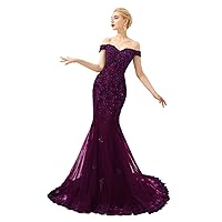 Elinadress Women's Off Shoulder Long Lace Prom Dress Mermaid Beaded Evening Gown