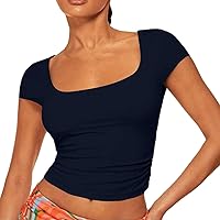 Women Short Sleeve Shirt Basic Crop Tops 2024 Fashion Layering Casual Slim Fit Y2K Tops Ribbed Knit T-Shirt Blouse