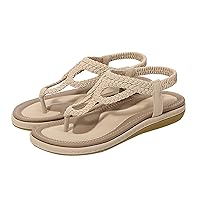 Women's Sandals Summer Retro Boho T-Strap Thong Slip On Dressy Beach Flat Slide Sandals Casual Comfortable