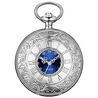 BOSHIYA Pocket Watches for Men Vintage Unique Blue Dial Roman Numerals Scale Black Quartz Pocket Watch with Chain for Christmas Graduation Birthday Gifts
