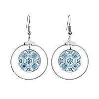 Talavera Blue Pattern Flower Ilustration Earrings Dangle Hoop Jewelry Drop Circle