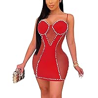 Ekaliy Spaghetti Strap Bodycon Sheer Dresses for Women Sexy Club Red Bodycon Dress Mesh Party Dress See Through Dresses L