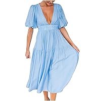 Womens Summer Dresses Deep V Neck Puff Elbow Sleeve Smocked Waist Beach Vacation Dress Casual Flowy A Line Tiered Midi Dress
