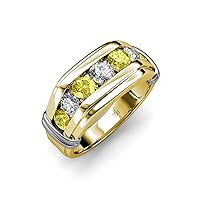 Round Yellow and White Diamond 1 ctw 7 Stone Channel Set Men Wedding Ring 14K Gold