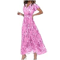 Ladies Flowy Maxi Long Dresses Floral Dresses for Women Flutter Short Sleeve V Neck Summer Fall Dresses 2024