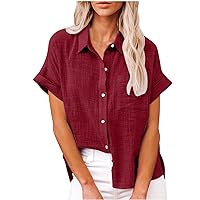 Summer Shirts for Women Casual Trendy Lapel Collar Tunic Blouses Button Down Short Sleeve Tshirts Solid Ladies Tops
