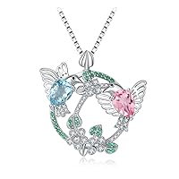 JewelryPalace Hummingbird 3.2ct Genuine Sky Blue Pink Topaz Created Pink Sapphire Pendant Necklace for Women, Bird 14k Gold Plated 925 Sterling Silver Necklace, Gemstone Jewellery Sets 18 Inches Chain
