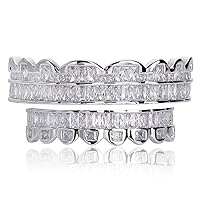 Moca Jewelry Hip Hop Unisex 18K Gold Plated Iced Out CZ Simulated Diamond Top Bottom Teeth Grillz Set for Men Women