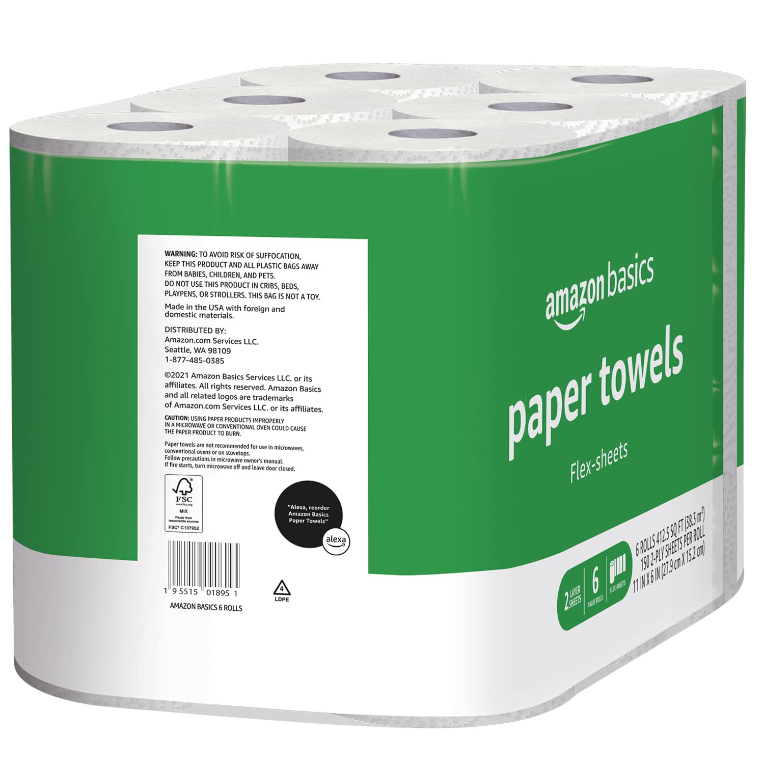 Amazon Basics 2-Ply Paper Towels, Flex-Sheets, 150 Sheets per Roll, 12 Rolls (2 Packs of 6), White