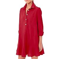 Women's Tunic Mini Shirt Dress Cotton Long Sleeve Ruffle Hem Dress Button Up Shift Chambray Dresses 2024