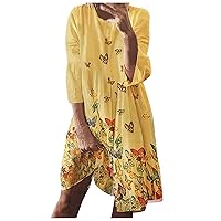 Women's Plus Size Maxi Dress Comfortable Round Neck Butterfly Leaf Print Long Sleeve Dress Shorts for Summer
