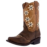 Kids Brown Western Cowboy Boots Flower Embroidered Leather Snip Toe