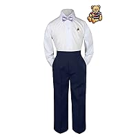 Unotux 3pc Formal Baby Toddler Kids Boys Ivory Bow Tie Navy Pants Bear Suit S-7 (L)