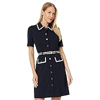 Tommy Hilfiger Women's Removable Belt Point Collar Logo Enamel Buttons Dress