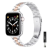 OMIU Thin Band Compatible with Apple Watch 40mm 38mm 41mm 42mm 44mm 45mm 49mm, Premium Stainless Steel Metal Replacement Adjustable Wristband Strap for iWatch Ultra SE Series 9/8/7/6/5/4/3/2/1 Women