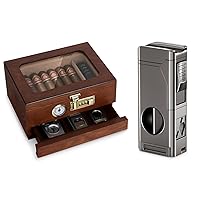Cigar humidor and Cigar Lighter with Cigar Cutter V Cut, Cedar Wood Humidor Cigar Box, Cigar Accessories Drawer, Windproof Refillable Butane Lighter, Cigar Gifts for Men